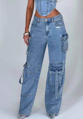 Women American Low Rise Pocket Patchwork Denim Pants