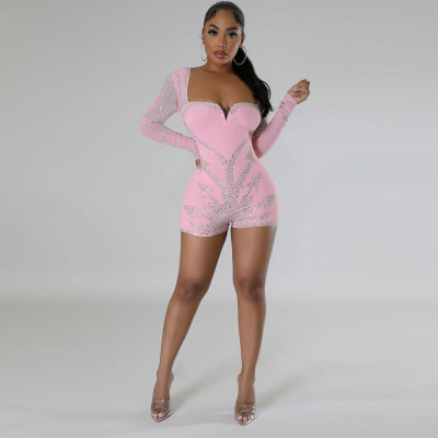 Women Sexy Beaded Stretch Long Sleeve Jumpsuit