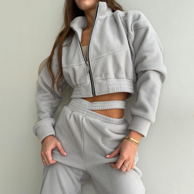 Women Zipper Stand Collar Polar Fleece Jacket And Hollow Pant Two-piece Set