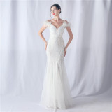 Women ostrich feather mesh floral sequin wedding evening dress