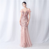 Women ostrich feather mesh floral sequin wedding evening dress