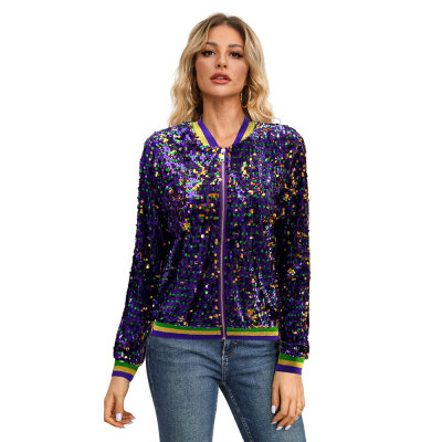 Women Long Sleeve Sequined Fashion Trendy Baseball Jacket