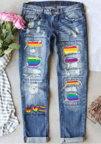 Stylish Printed Ripped Mid-Rise Straight Women's Denim Pants