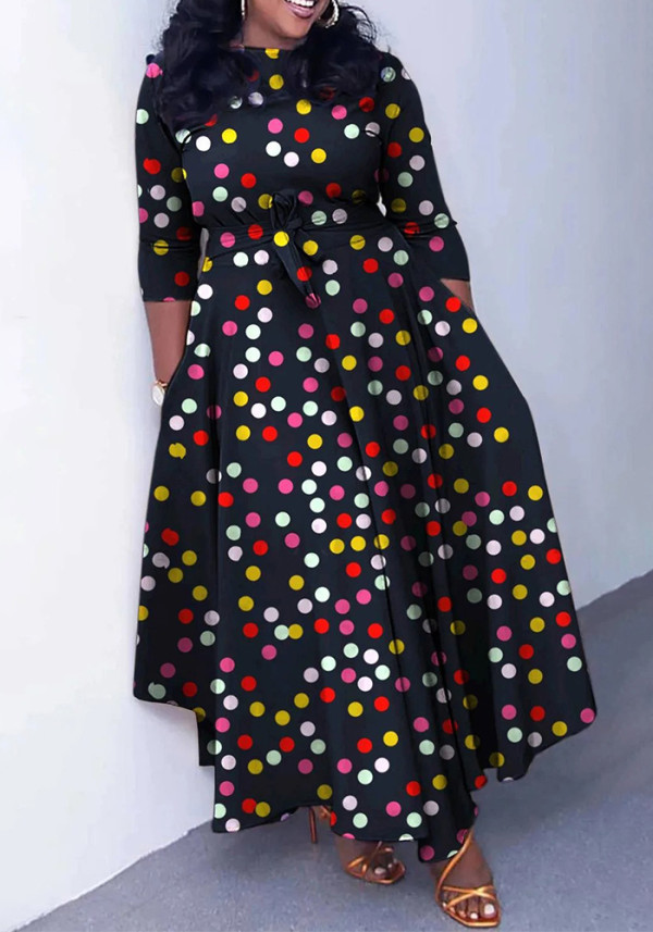 Women's Autumn Plus Size Fashion Print Chic Elegant Belted Slim Waist Swing Dress