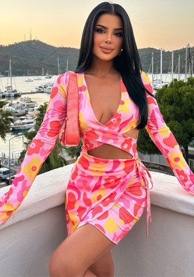 Stylish And Sexy Outfit Long-Sleeved Wrap V-Neck Sexy Hollow Dress