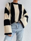 Spring And Autumn Trendy Knitting Sweater Top Round Neck Striped Sweater Jacket For Women