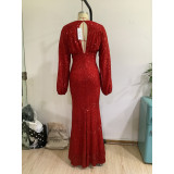 Autumn And Winter Fashion Sexy Dress Puff Sleeves Deep V High Slit Sequined Long Sleeve Dress