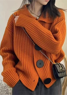 Lazy Style Sweater Jacket Autumn And Winter Loose Turndown Collar Large Button Knitting Cardigan For Women