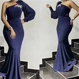 Bridesmaid Dress Tailed Evening Dress African Women's One Shoulder Long Gown