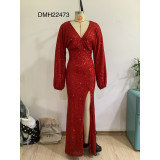 Autumn And Winter Fashion Sexy Dress Puff Sleeves Deep V High Slit Sequined Long Sleeve Dress