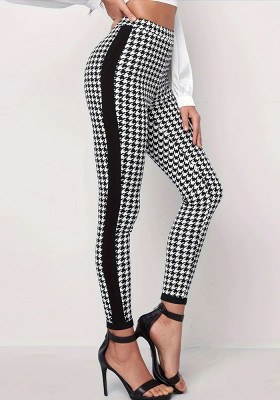 Autumn And Winter Houndstooth Print Trousers Black Stripes Patchwork Slim High Waist Pencil Pants