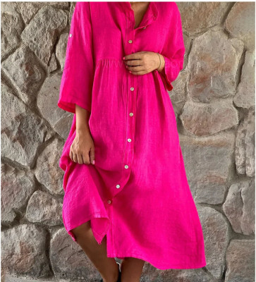 Women's Linen Solid Color Casual Stand Collar Button Long Dress