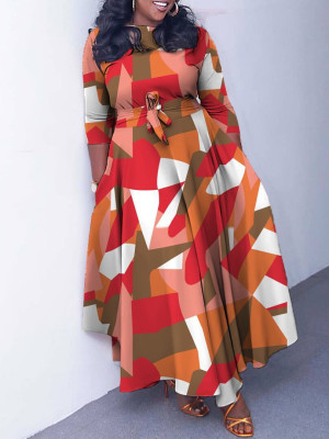 Women's Autumn Plus Size Fashion Print Chic Elegant Belted Slim Waist Swing Dress