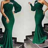 Bridesmaid Dress Tailed Evening Dress African Women's One Shoulder Long Gown