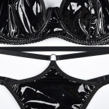 Women black PU-Leather sexy lingerie set