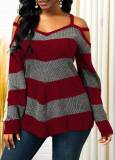 Women winter sweater Patchwork off-shoulder striped knitting loose sweater