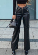 Women Autumn Casual High Waist Loose Wide Leg PU-Leather Pant