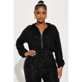 Women Autumn and Winter Sequined Sexy V-Neck Long Sleeve Zipper Jumpsuit