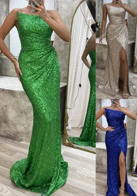 Women sequin zipper slit dress
