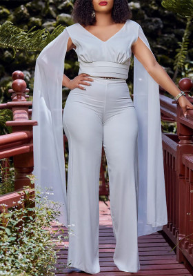 Plus Size African Women V-neck Top and Wide Leg Pants Two-piece Set