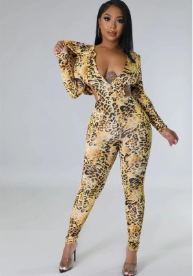 Women Autumn and Winter Leopard Backless Hooded Jumpsuit