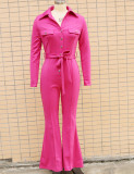 Women Turndown Collar Long Sleeve Bell-Bottom Jumpsuit