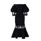 Women Off Shoulder Puff Sleeve Lace Patchwork Formal Party Mermaid Dress