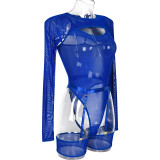 Women Stretch Mesh See-Through Contrast Color Long Sleeve Camisole Bodysuit Sexy Lingerie Three-Piece