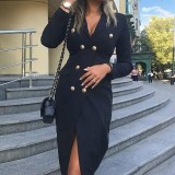 Women Autumn and Winter Long Sleeve Double Breasted Blazer Dress