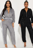 Women Autumn and Winter Sequined Sexy V-Neck Long Sleeve Zipper Jumpsuit