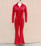 Women Turndown Collar Long Sleeve Bell-Bottom Jumpsuit