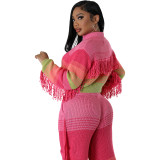 Women Style knitting Crochet Color Block Tassel Zip Jacket