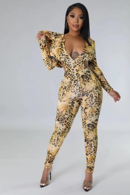 Women Autumn and Winter Leopard Backless Hooded Jumpsuit