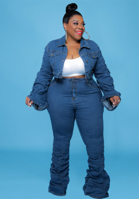 Plus Size Women Fall/Winter Pleated Long Sleeve Top and Stacked Denim Pant Two-piece Set