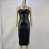 Women Sexy Pu Leather Backless Lace-Up Slit Maxi Dress