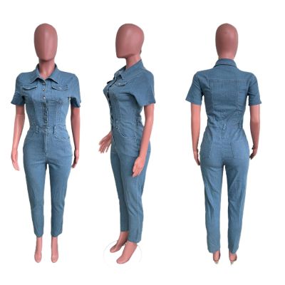 Women Short Sleeve Button Denim Jumpsuit