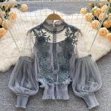 Women Flowers See-Through Mesh Lantern Sleeves lace crop Top