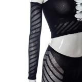 Women mesh See-Through hollow diamond long-sleeved top and Pant Casual two-piece set