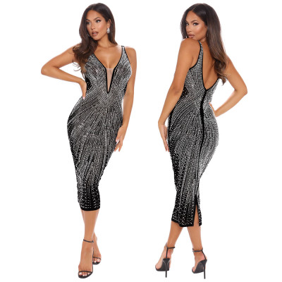 Women Sexy V-Neck See-Through Beaded Party Bodycon Dress