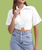 Women Solid Turndown Collar Short Sleeve Crop Top