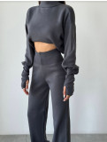 Women Casual High Neck Loose Long Sleeve Top and Pant Two-piece Set