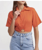 Women Solid Turndown Collar Short Sleeve Crop Top