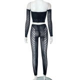 Women mesh See-Through hollow diamond long-sleeved top and Pant Casual two-piece set