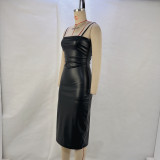 Women Sexy Pu Leather Backless Lace-Up Slit Maxi Dress