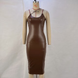 Women sexy Strap v-neck slit pu Leather Midi Dress