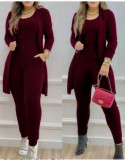 Women Solid Round Neck Jumpsuit and Long Sleeve Coat Casual Two-piece Set