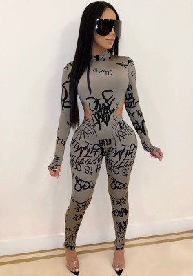 Women Letter Printed Long Sleeve Bodysuit and Pant Two-piece Set