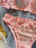 Women Autumn French Flower Embroidery See-Through Sexy Lingerie