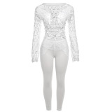 Autumn Women lace-up Crop Top and high-waisted Lace mesh Pant two-piece set