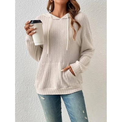 Women Autumn and Winter knitting Ribbed Kangaroo Pocket Long Sleeve Hoodies